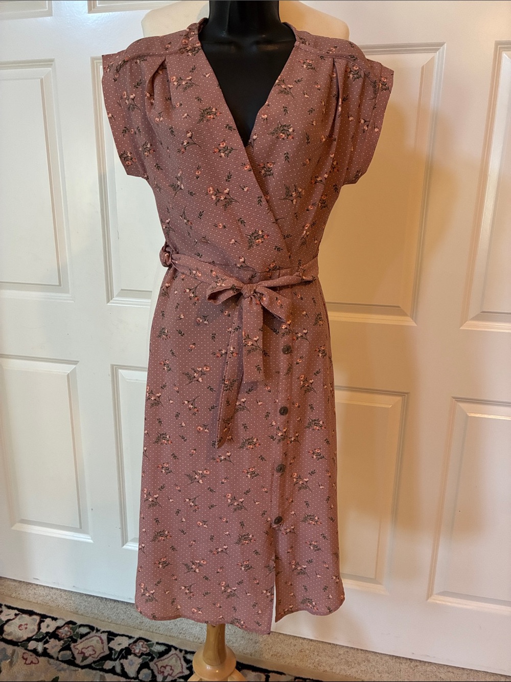 Floral Faux Wrap Midi Dress in Mauve Pink